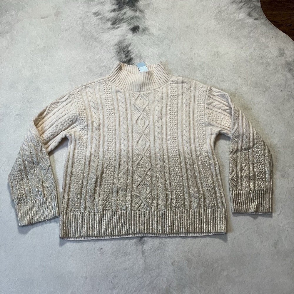 Ann Taylor Sweater Womens Size Medium Petite Ombre Ivory Gold Cable Knit Holiday